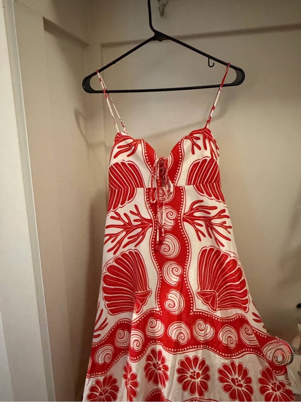 FARM Rio Red White Shell Print Linen Blend Maxi Dress Size Small - Picture 3 of 9